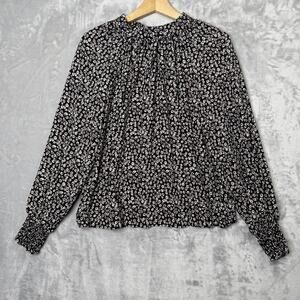 Gap Blouse Womens Medium Black Floral Long Sleeve Mockneck Rayon Smocked Top